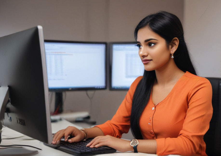 A female Indian Magento developer, wearing corporate attire, coding on her laptop and a large secondary monitor.