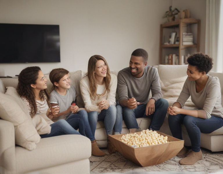 A family gathers around the TV, popcorn in hand, as they explore Facebook reviews to select their next IPTV provider.