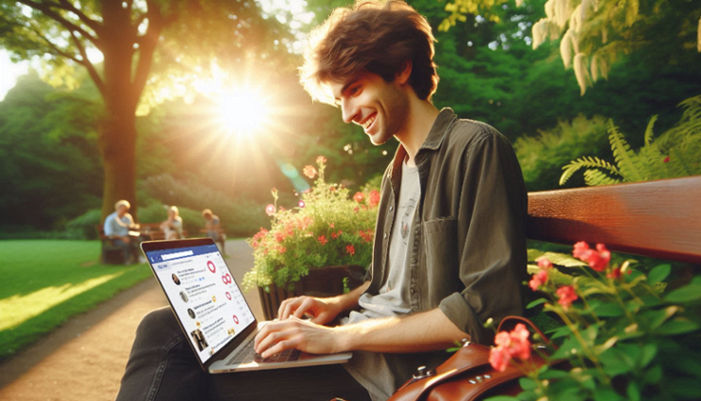 A young musician sits on a park bench with a laptop, smiling while engaging with a Facebook community about his latest Spotify track, as notifications and comments fill the screen.