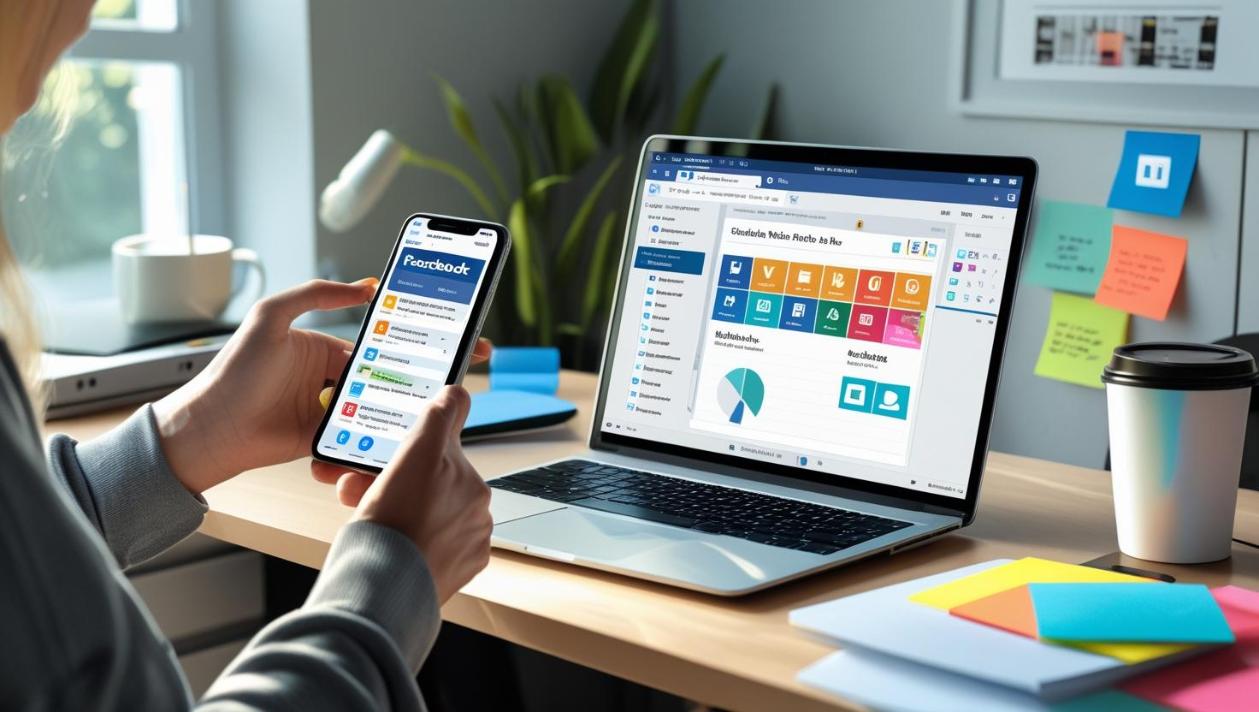 Person managing Facebook content using Office 2024 apps on laptop and phone.