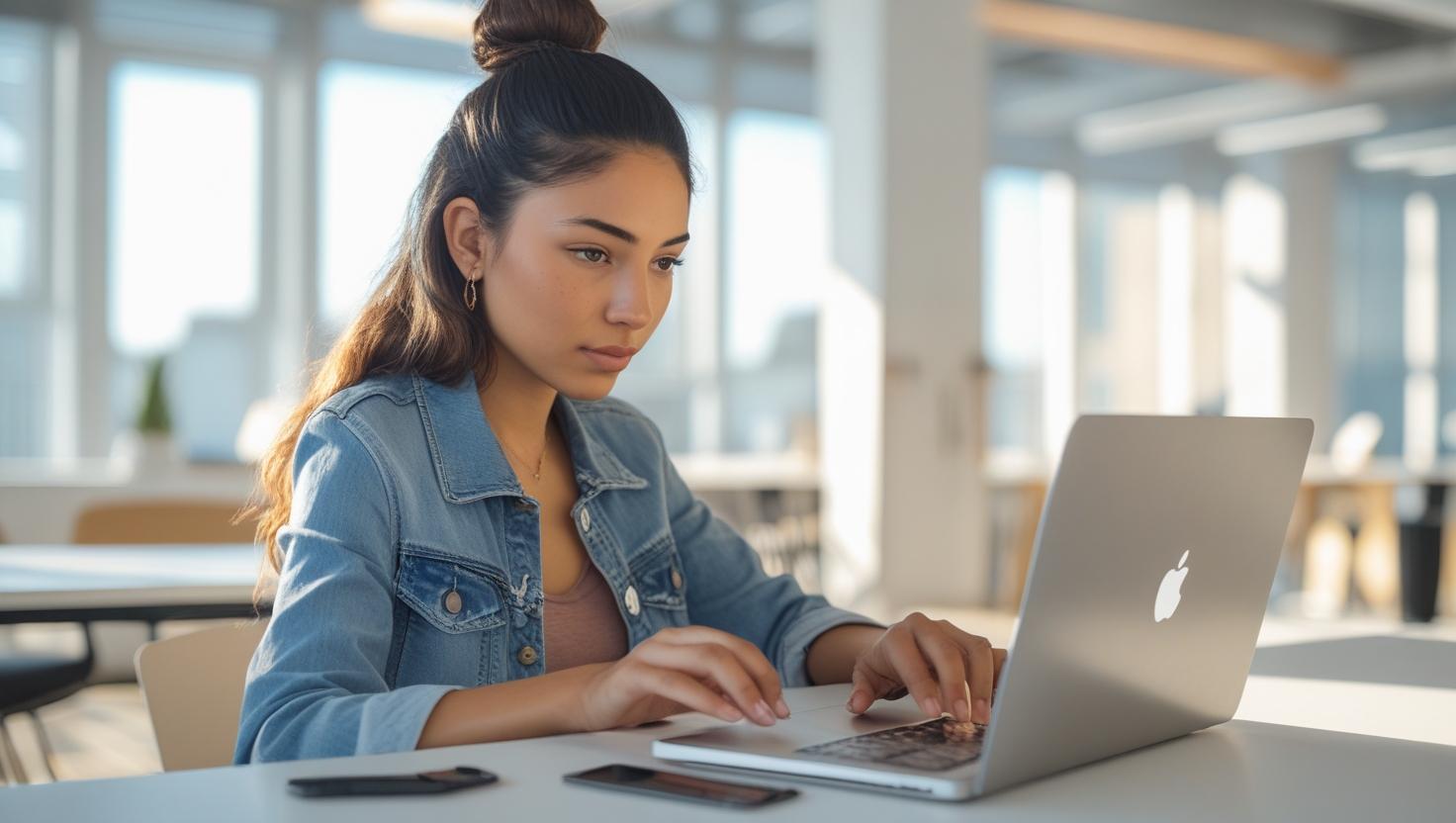 Young marketer manages Instagram and Facebook campaigns in bright coworking office with devices.