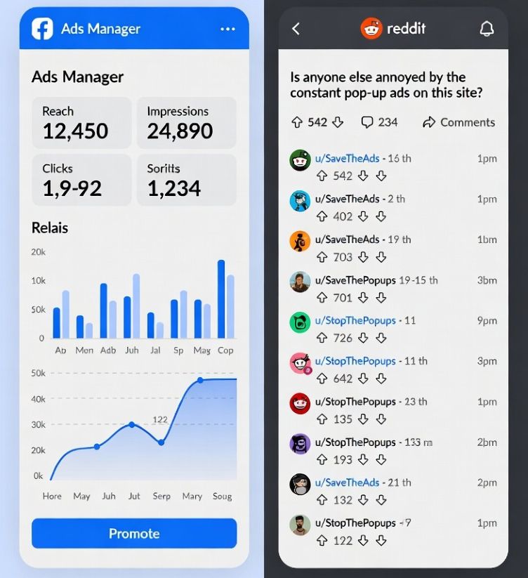 Facebook ads dashboard vs Reddit discussion thread
